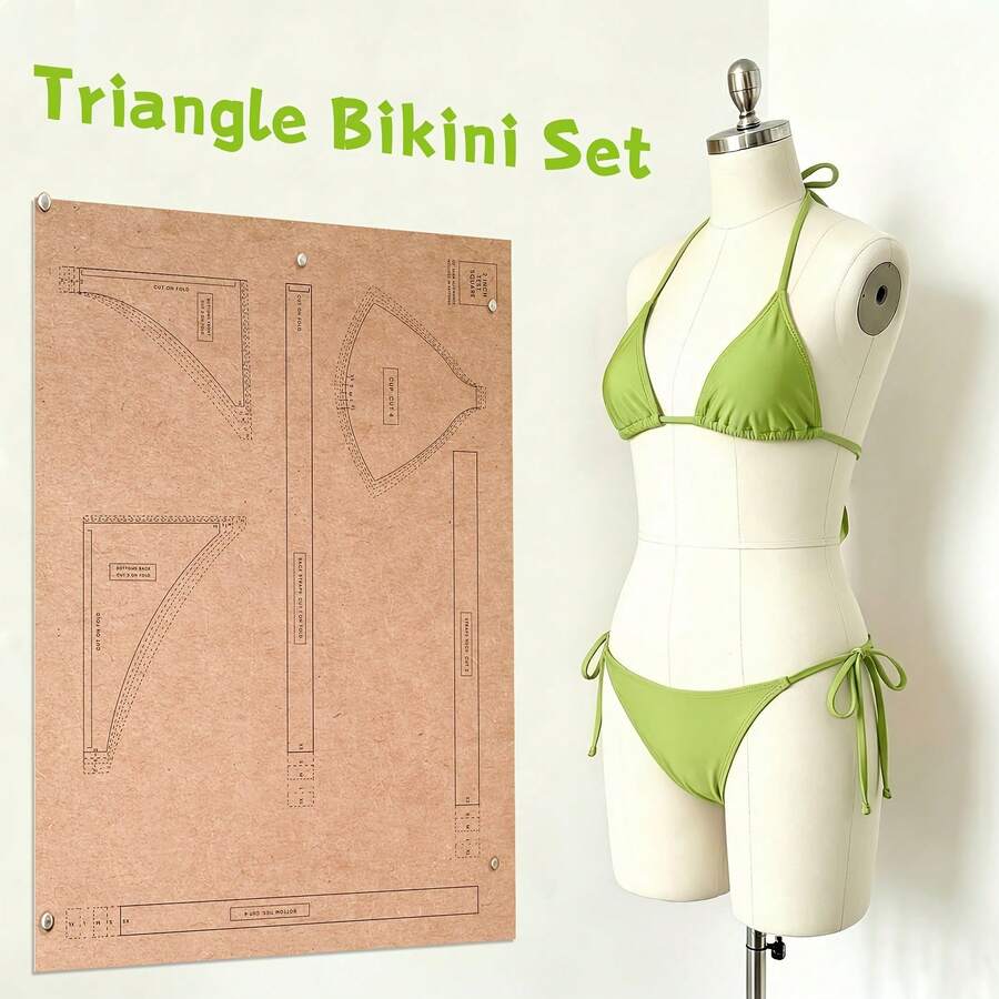 Triangle Bikini Set Sewing Pattern, Physical Kraft Paper Template And Paper Instructions, 15 Inclusive Sizes (US 2-30/EU 32-60), Simple DIY Two Pieces Swimsuit Template Suitable For Summer Beach Vacation, Pool Party And Holiday Wear, DIY Spaghetti Strap Swimsuit Template | Handmade Project For Honeymoon And Bachelorette Party - A - View 1