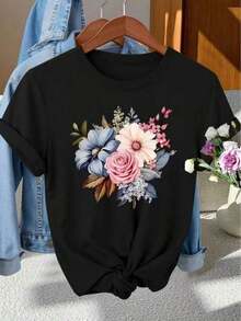 Camiseta de Mujer de Manga Corta con Estampado Gráfico de un Vibrante Arreglo Floral - Negro - Ver 6