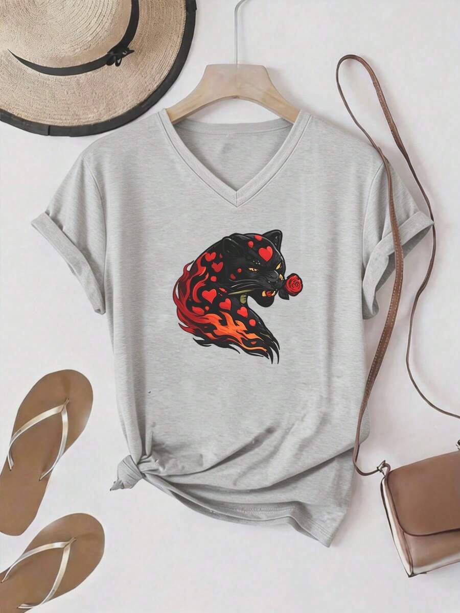 Talla grande - talla extra grande - camiseta de mujer, hecha de algodón puro, tela ligera y transpirable, diseño de cuello redondo, diseño estampado, corte de manga corta, adecuada para primavera y verano. - Gris Claro - Ver 1