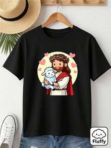 ropa de mujer  Camiseta para Él/Ella de Jesús y Oveja con Corona de Espinas y Corazones     Diseño conmemorativo de Jesús - Negro - Ver 5