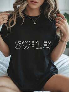 1 pieza de camiseta casual de cuello redondo de 180g con diseño de herramienta ortodóntica - Diseño temático dental "Sonrisa", adecuada para dentistas y entusiastas dentales, regalo ideal para ocasiones relacionadas con la odontología, accesorios dentales. 180g Algodón 100%. - Negro - Ver 8