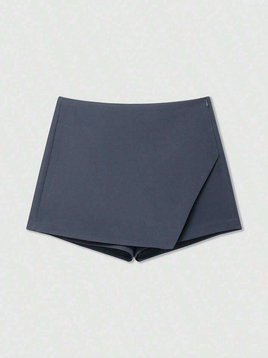 Minifalda asimétrica envolvente de unicolor casual para mujer, falda-pantalón minimalista de moda para el verano - Gris Oscuro - Ver 1