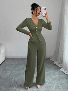 Conjunto de blazer y pantalones de manga larga elegante para mujer, estilo de negocios/oficina, adecuado para verano, Día de la Independencia, graduación, regreso a clases - Verde - Ver 4