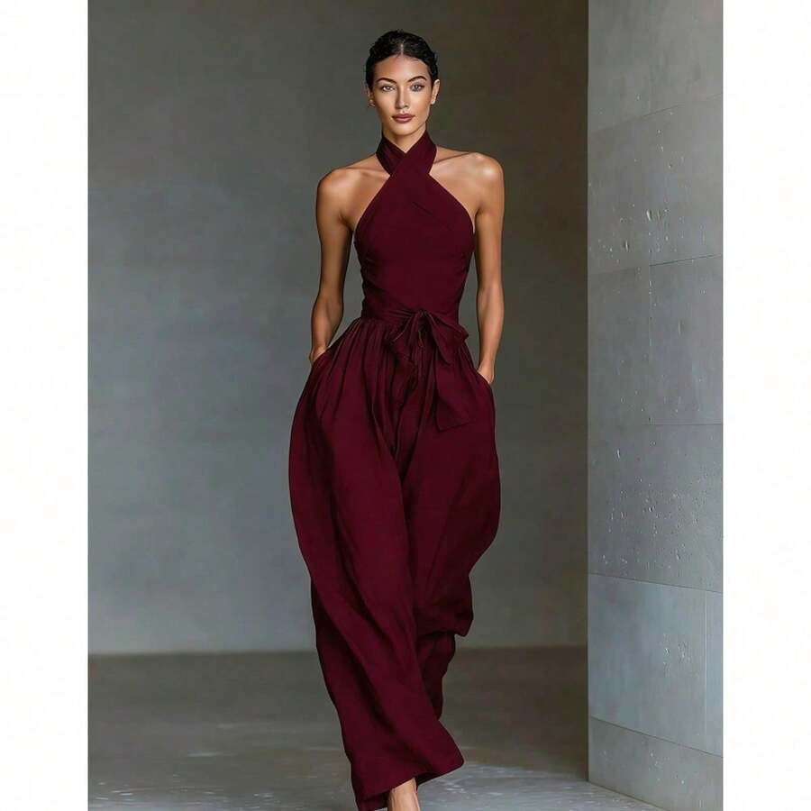 Mono nuevo para mujer de lino con tirantes cruzados, cordón ajustable y pantalones anchos - Burdeos - Ver 1