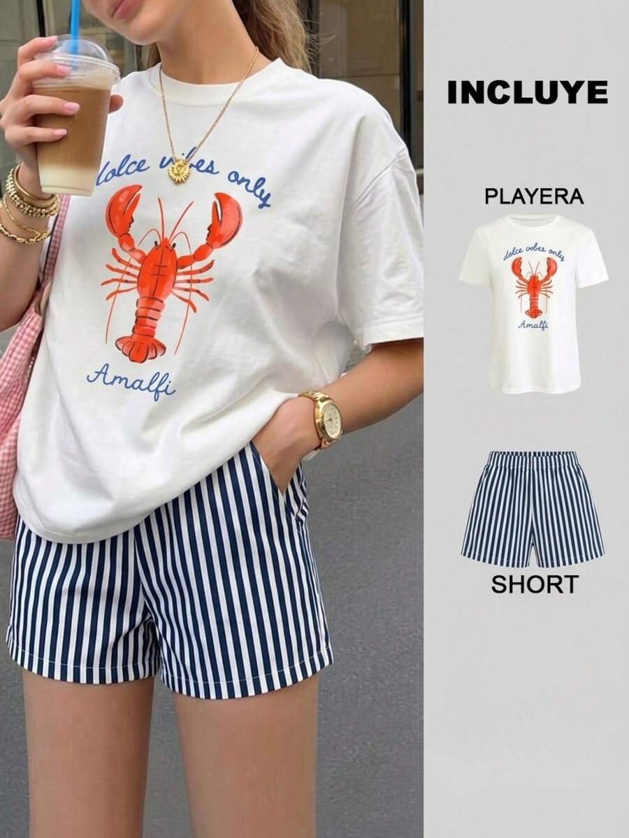 Conjunto de dos piezas, playera y short, playera estampada con diseño, short corto de rayas, adecuado para vacaciones en la playa, verano, vacaciones, viaje, para temporada de calor - 2 Playera Blanca Langosta con Short Rayas Azul Marino con Blanco - Ver 1