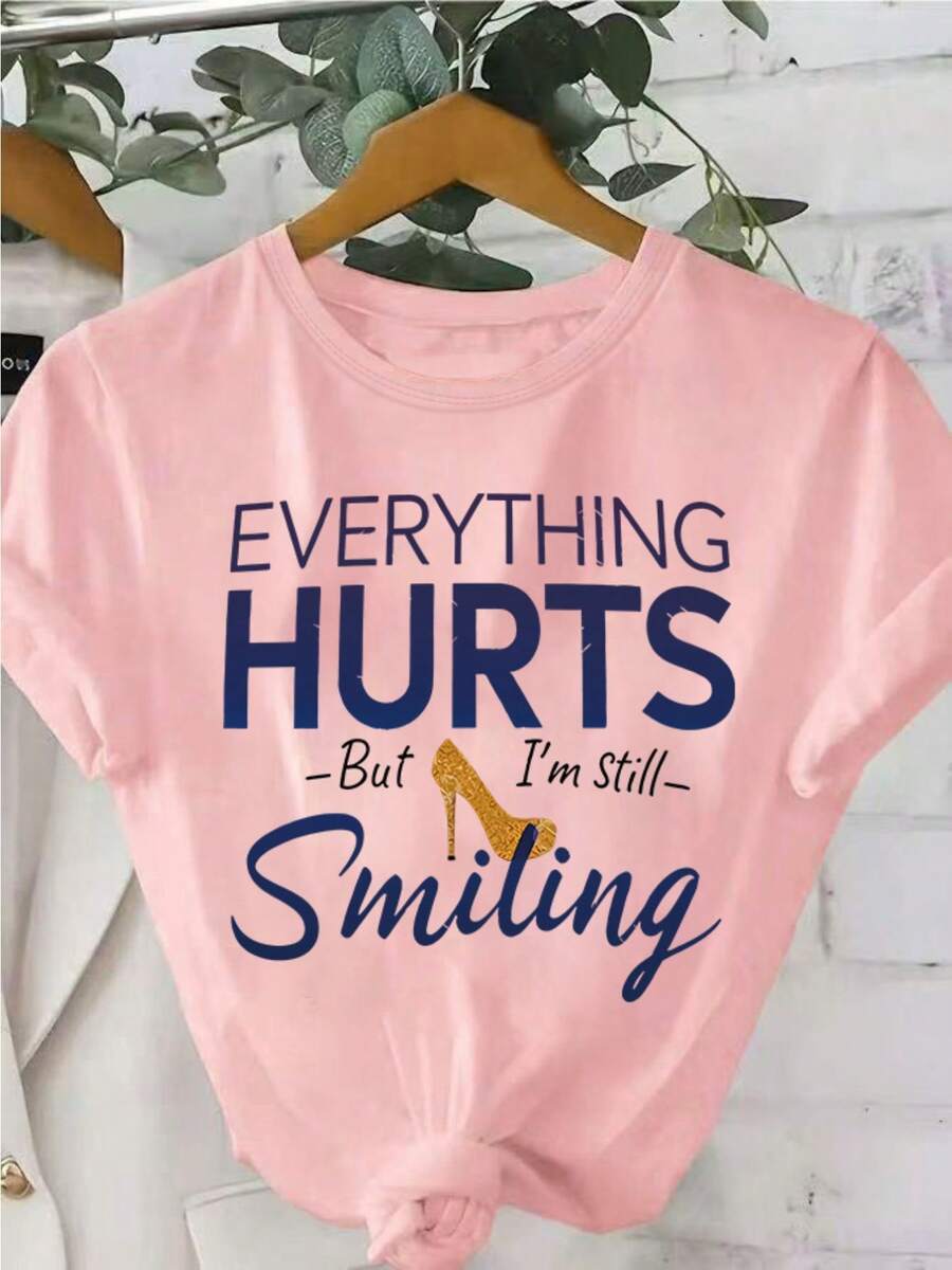 Plus Size, Women's Fashionable Printed Casual T-Shirt 0-8XL, Base Layer, Daily Wear, Personality, All Year Round, Comfortable Fit, Letters, Funny Women's T-Shirt "Everything Hurts, I'm Hungry", Crew Neck Short Sleeve, Summer Polyester Blend, Regular Fit T-Shirt - 羅莎 - 查看 1