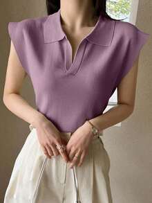 Suéter holgado de punto de unicolor con cuello, estilo casual y de negociospara mujer - Morado - Ver 3