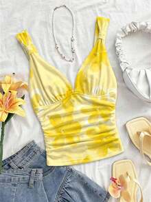 Camiseta de mujer elegante para vacaciones, de tela de punto a lunares, con tirantes retorcidos y fruncidos, de ajuste ceñido, adecuada para vacaciones, citas, té de la tarde, playa, crucero, viaje a la ciudad, vacaciones en la isla, festival de música, vacaciones bohemias, se puede usar por dentro o por fuera - Multicolor 10 - Ver 1