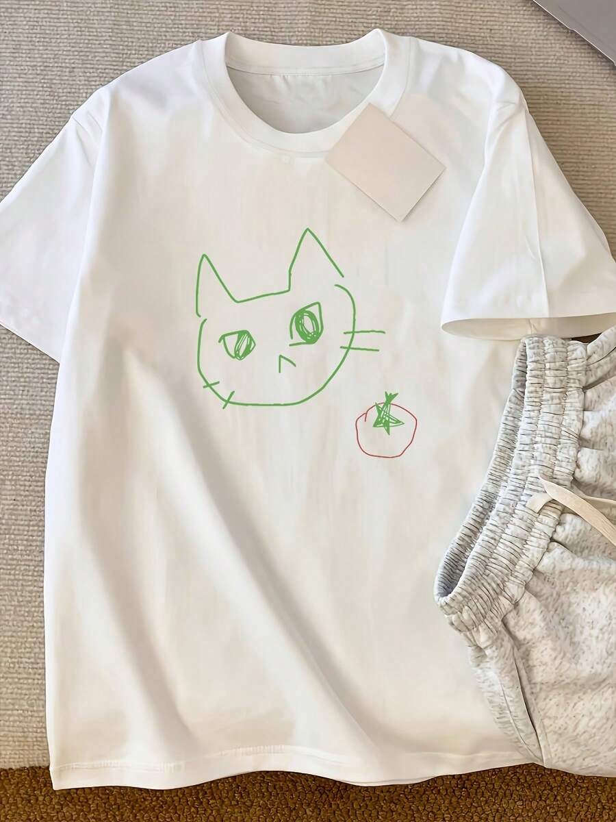 Camiseta de Verano Y2K para Mujer - Estampado Divertido de Gato y Tomate, Cuello Redondo Manga Corta Holgada, Lavable a Máquina, Diseño Casual, Material Cómodo, Camisetas Gráficas, Moda Whimsical, Ropa Diaria - Blanco - Ver 1