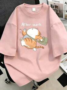 Camiseta casual con estampado de gato para mujer de talla grande, adecuada para uso diario, salidas, vacaciones, verano, fiestas en la playa, festivales de música, vacaciones y otros eventos.Color: Negro - Rosa - Ver 10