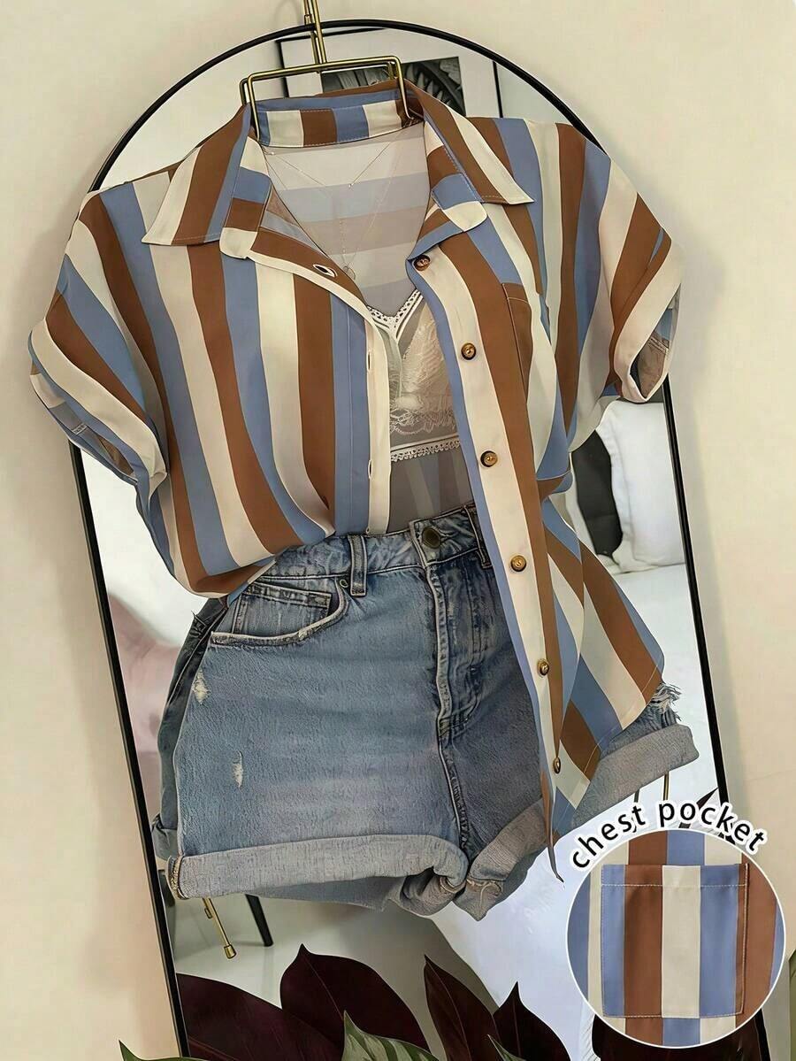 Camisa de manga corta con bolsillo, de estilo casual y de vacaciones, con botones delanteros y rayas - Multicolor 2 - Ver 1