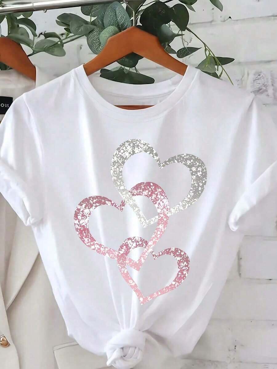 1 Breathable Summer T-Shirt With A Silver And Pink Heart Print. This Piece Features A Flat Print Design, With Rhinestones And Sequins For Decorative Purposes Only. Casual Short-Sleeved Crew Neck T-Shirt, Women's Clothing For Spring And Summer. 180g 100% Cotton - 白色 - 查看 1