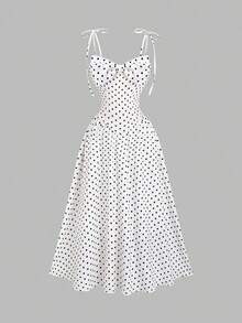 Vestido con estampado de lunares estilo francés vintage con espalda descubierta y cintura anudada, color rojo, para mujer - Blanco - Ver 11