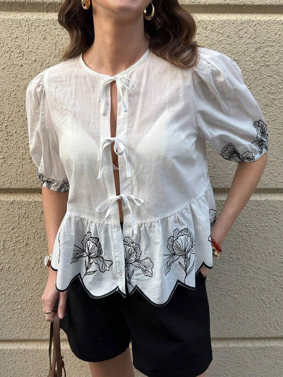 Blusa elegante con mangas abullonadas, lazo delantero y bordado, ideal para vacaciones o San Valentín - Albaricoque - Ver 1