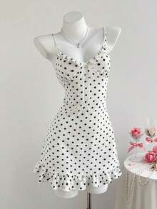 Vestido de tirantes con estampado de lunares, volantes en el bajo y lazo delantero para mujer - Negro - Ver 9