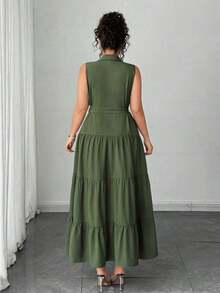 Vestido camisero de talla grande para mujer, de unicolor, casual, con un solo botón delantero y sin mangas, vestido plisado, para verano - Verde militar - Ver 2