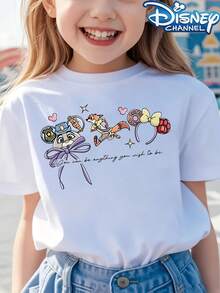 [Authorized] Zootopia Print Disney Girls' Summer Round Neck Casual T-Shirt For Children, Slightly Stretchy Fabric, Suitable For Birthday Gifts, Ideal For Daily Activities, Sports, And Travel, Summer T-Shirts For Girls - 白色 - 查看 1