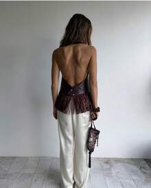 Womens Tassel Halter Tank Tops Summer Fashionable Solid Color Backless Faux Leather Vest - 棕色 - 查看 9