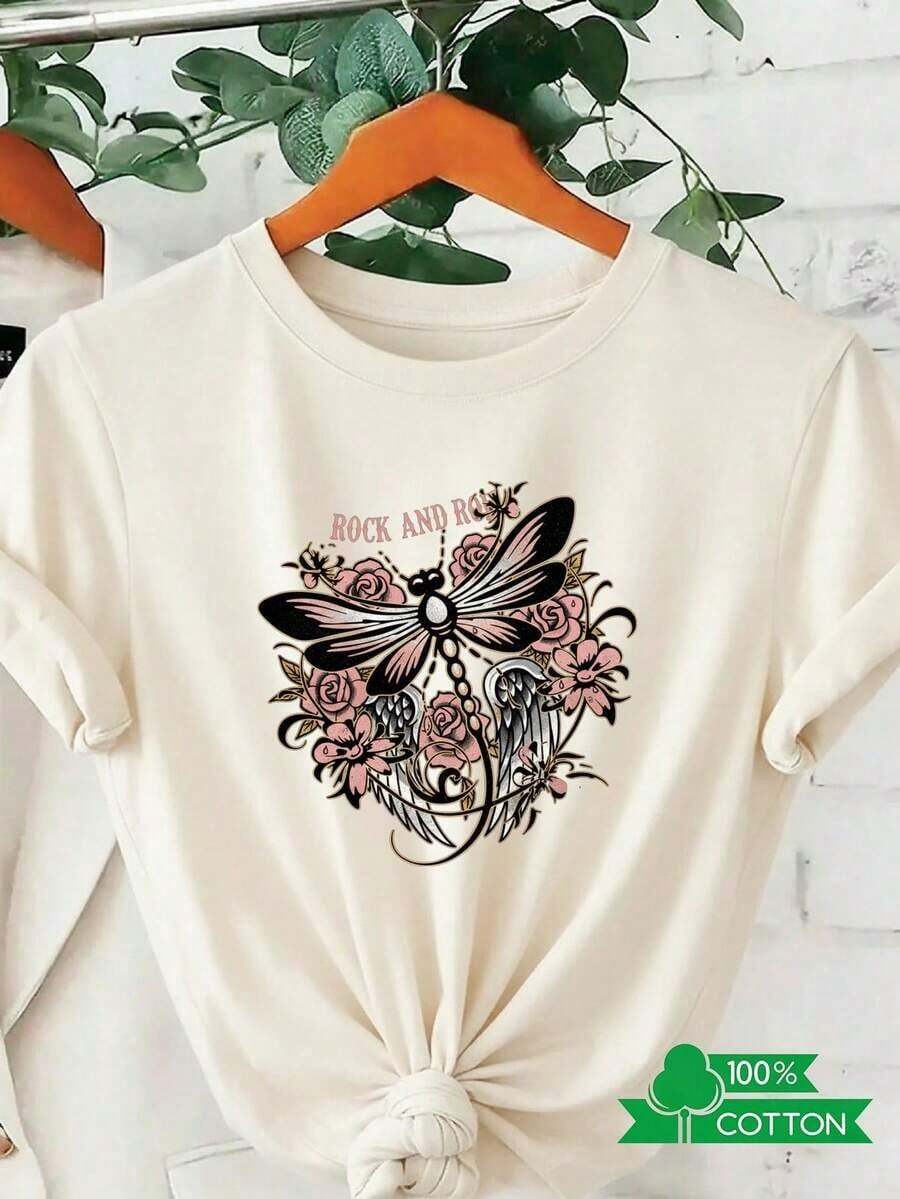 Women's Crew Neck T-Shirt With Anime Letter Print, Simple Design, Comfortable And Breathable, Suitable For Casual And Versatile Daily Wear, Showing A Natural And Elegant Style, A Must-Have For Summer Parties, Local Shipping, Dragonfly Rose 100% Pure Cotton. - 杏色 - 查看 1