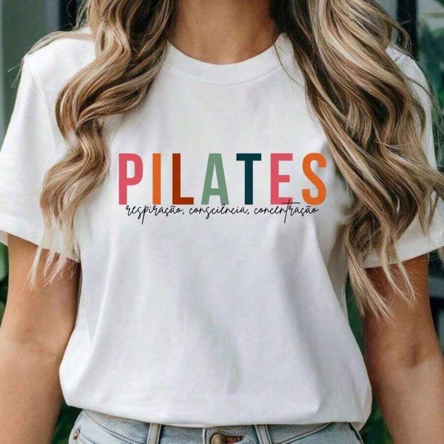 1 camiseta estampada para mujer para pilates, para mejorar la conciencia de la respiración y la concentración, 100% algodón, y gratuito, 180g 100% algodón - Blanco - Ver 1
