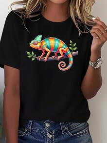 Camiseta de algodón puro para mujer con estampado de ramas de camaleón - Top casual suave y transpirable, con diseño realista de lagarto para uso diario, camiseta lavable a máquina, blusa casual para mujer. - Negro - Ver 7