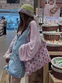 Korean Style Floral Canvas Tote Bag, Large Capacity Foldable Commuter Bag For University Students, Daily Use, Shopping, Shoulder Bag - Pink - View 2