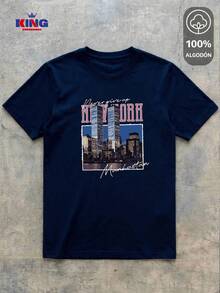 King T-shirt Playera 100% algodón de excelente calidad, esta playera garantiza una suavidad excepcional al tacto, cuello redondo con estampado "New York Manhattan Vintage Skyline" y manga corta - Azul Marino - Ver 2