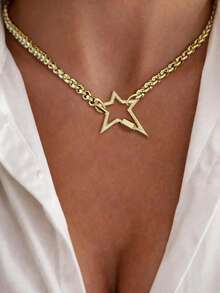 1PC Gold Five Pointed Star Buckle Necklace With Lock, Octagonal Star Pendant, Suitable For Ladies' Exquisite Holiday Party Gifts - Yellow Gold - View 8