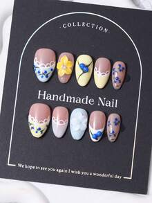10pcs/Set Handmade Press On Short Almond Shaped Nail Caps In Y2K Multi Color French & 3D Engraved Blueberry Design With Hand Painted Lace Pattern. Comes With 1 Piece Of Jelly Gel And 1 Nail File. Ideal For Daily Use And Party Nail Care Supplies. - Multicolor - View 1
