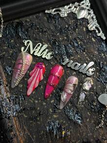 10pcs Hand Made Press On Long Stiletto Nails Acrylic Kit, Hot Pink Nails, Pink Tie Dye, Hand Drawn Milky White Three-Dimensional Shell Texture, Using Silver For Hand Drawn Butterfly Wing Patterns&Asymmetrical Geometric Patterns, 3D Hot Pink Rhinestones&Metal Stars&Shell Fragments And Other Nail Accessories - Hot Pink - View 7