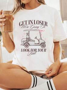 100% Algodón Camiseta Divertida de Golf con Estampado "Entra en el Juego, Buscaremos tu Pelota", Camiseta Casual de Cuello Redondo y Manga Corta, Cómoda para Primavera y Verano, Ropa de Mujer Adecuado como regalo. playera de mujer. blusas>elegantes. boho chic,Top de mujer suave, transpirable y cómodo, ideal para primavera, verano y otoño, perfecto para vacaciones, viajes y uso diario. - Blanco - Ver 1