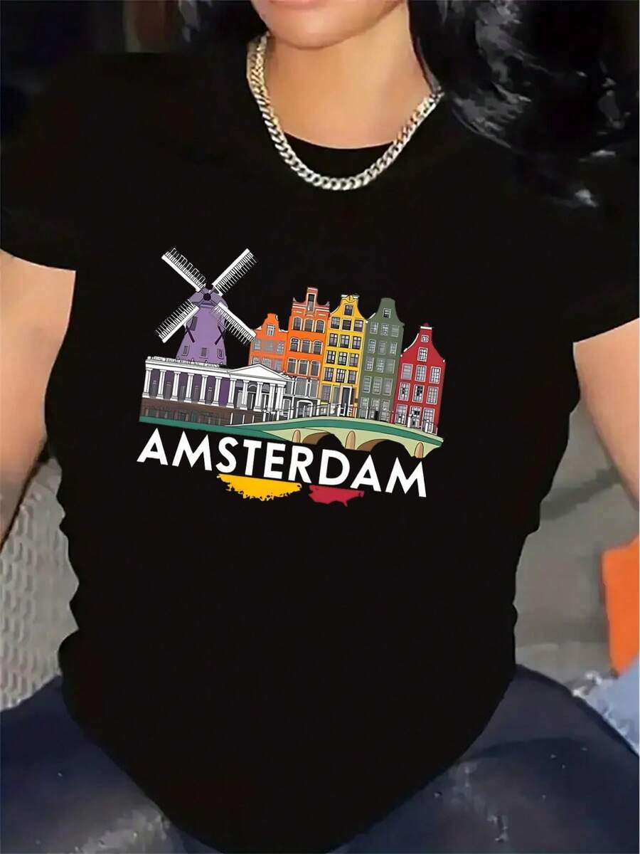 Camiseta de mujer, camiseta de manga corta para mujer, diseño de paisaje urbano con molinos de viento de Ámsterdam, ligera y duradera, adecuada para uso diario casual, como recuerdo de viaje o para atuendos cotidianos en el hogar, cafeterías y restaurantes, 100% algodón puro. - Negro - Ver 1