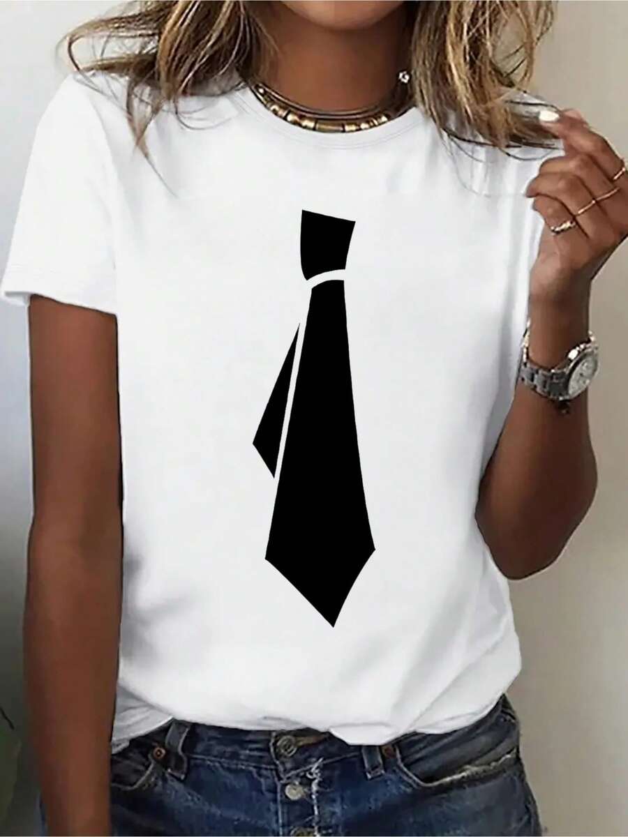 Una Camiseta Interesante - Camiseta con Estampado de Lazo Adorable - Camiseta de Manga Corta Casual de Moda para Mujer, Camiseta Base de Cuello Redondo Cómoda con Estampado Elegante y Divertido, Adecuada para Regalos, Atuendos Festivos, Sudadera de Manga Corta Cómoda y Transpirable[COD] - Blanco - Ver 1
