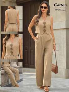 Conjunto de 2 piezas de chaleco y pantalones con flores 3D elegantes para mujer, mezcla de lino, adecuado para el uso diario y múltiples ocasiones, regalo para mamá, conjunto de lino de verano para mujer con pantalón de pierna ancha y chaleco sin mangas - Negro - Ver 9
