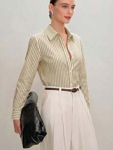 Camisa blanca con botones delanteros en el cuello, blusa de mujer minimalista y elegante versátil y todo a juego, adecuada para ir al trabajo, uso diario, estilo vintage romántico de los 90, Navidad, Año Nuevo, San Valentín, fiesta, playa, graduación, moda, carnaval, vacaciones, invitada de boda, brunch, aeropuerto, multiocasión - Caqui - Ver 6
