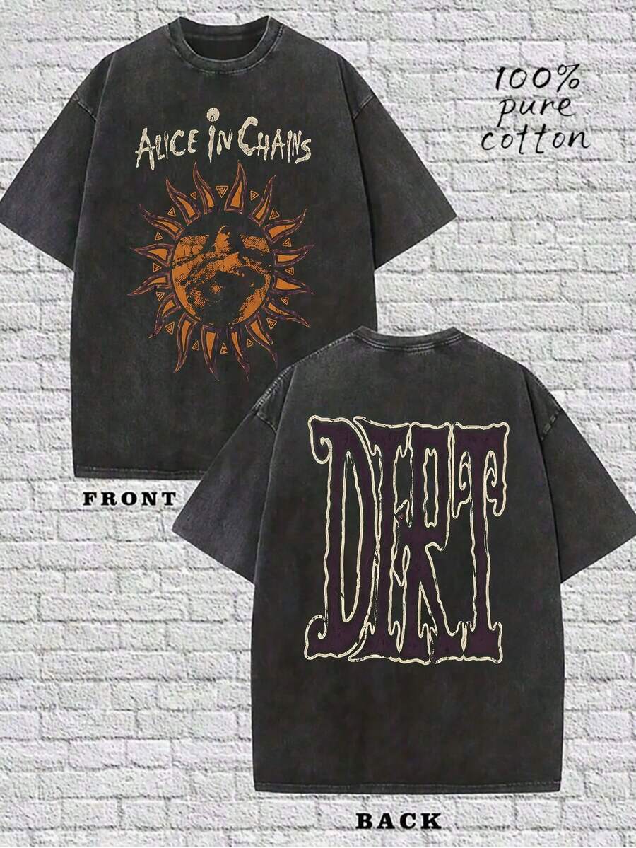 Men's Oversized Vintage Washed Graphic T-Shirt Retro Alice In Chains Logo Short Sleeve Round Neck Casual Summer Streetwear Loose Fit Comfortable Breathable Tee - Size - 查看 1