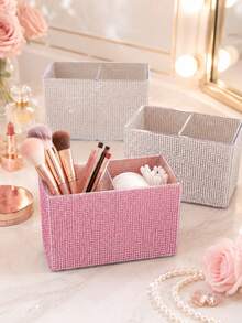 2-Compartment Rhinestone Makeup Brush Holder - Embedded Diamond Desktop Vanity Storage Box, Ideal Gift For Storing Makeup Tools, Cosmetics And Stationery, Suitable For Wedding Season And Mother's Day - Multicolor - View 2
