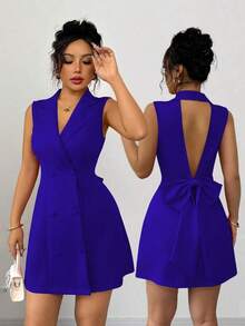 Nuevo vestido mini de mujer con diseño de lazo, de cuello de solapa, doble botonadura, escote en V profundo, sin mangas, ajustado, versátil para fiesta, cita, joven, elegante, pequeña y sexy - Azul - Ver 1