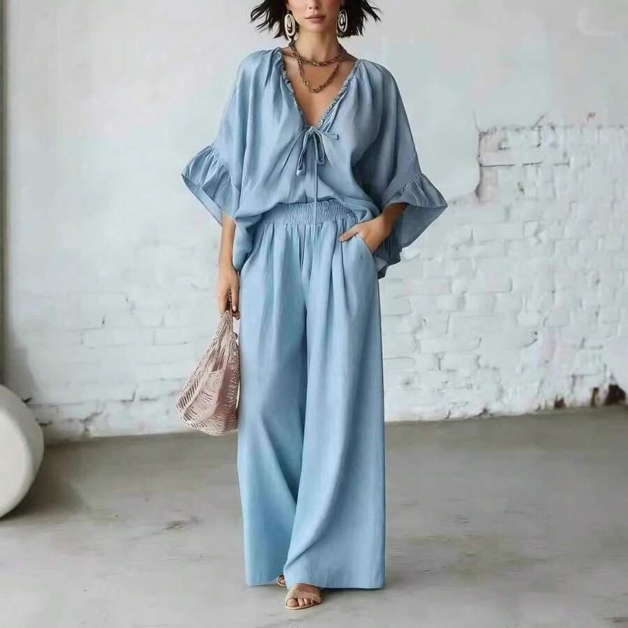 Conjunto de dos piezas nuevo de verano, casual para vacaciones, lino holgado, cuello en V y pantalones de pierna ancha - azul cielo - Ver 1