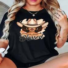 1 pieza de playera  para hombre y mujer, 100% algodón puro, cuello redondo casual con estampado, manga corta transpirable para uso diario, dise?o con estampado de rostro femenino y sombrero de mezclilla - Negro - Ver 2