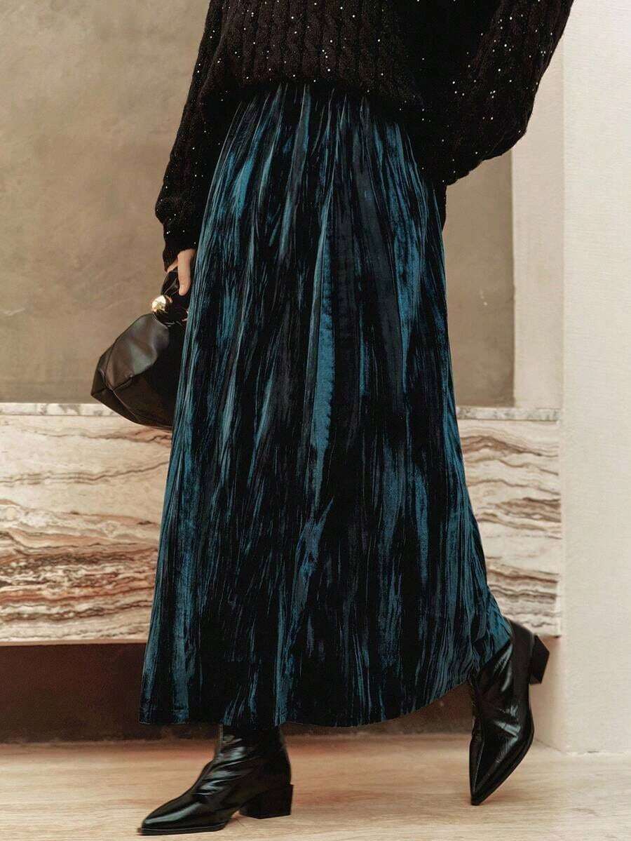 -Less Falda de terciopelo elegante para mujer, casual de negocios para otoño/invierno - Azul - Ver 1