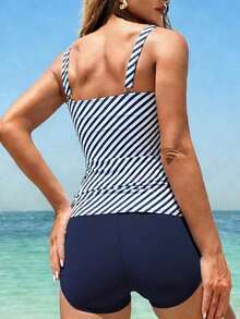 Swim Lushoire Conjunto de top y shorts de tela de rayas azules y blancas con cintura con cordón para playa y vacaciones, y top y shorts de tela lisa de talle alto, conjunto de bikini tankini de verano para mujer - Azul y blanco 3 - Ver 2