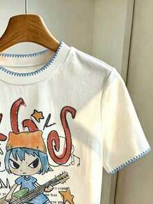 Camiseta de mujer casual de vacaciones con estampado tropical de bloques de color y rayas - Blanco 7 - Ver 3