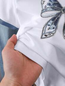Camiseta de manga corta casual y versátil para mujer con cuello redondo, estampado de corazón y ribete de contraste - Blanco 6 - Ver 5