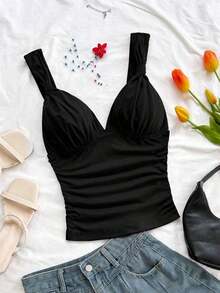 Camiseta de mujer elegante para vacaciones, de tela de punto a lunares, con tirantes retorcidos y fruncidos, de ajuste ceñido, adecuada para vacaciones, citas, té de la tarde, playa, crucero, viaje a la ciudad, vacaciones en la isla, festival de música, vacaciones bohemias, se puede usar por dentro o por fuera - Negro - Ver 7
