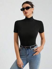 Tall Camiseta básica de unicolor negro de cuello alto con mangas cortas para mujer - Negro - Ver 7