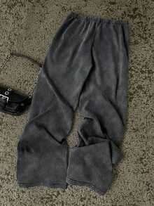 Pantalones de chándal de pierna recta y cintura baja para mujer, apropiados para el verano, con efecto lavado - Negro 6 - Ver 2