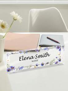Customized Watercolor Floral Acrylic Desk Nameplate, Customizable Name & Position, Transparent Desktop Display Sign With Personalized Floral Pattern Acrylic Desk Plaque, Office Workstation Decoration Display Sign - Multicolor - View 4