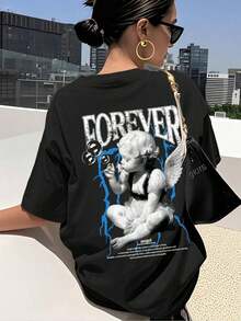 Soft Y2K Women's Casual Short Sleeve T-Shirt With Letter Print And Angel Girl Design, 200g Pure Cotton, Women's Blouse, Women's Sportswear - 黑色 - 查看 7