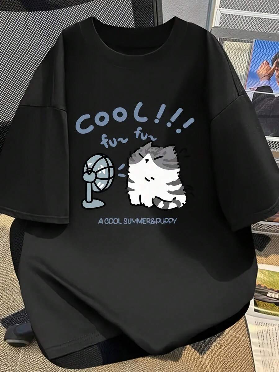 "Cool Fun" Graphic Crew Neck Casual T-Shirt - Cute Cartoon Dog And Fan Design, Lightweight And Stretchy, All-Season T-Shirt, Summer Casual Wear | Fun Dog Design | Comfortable Fit, Dog T-Shirt - 黑色 - 查看 1
